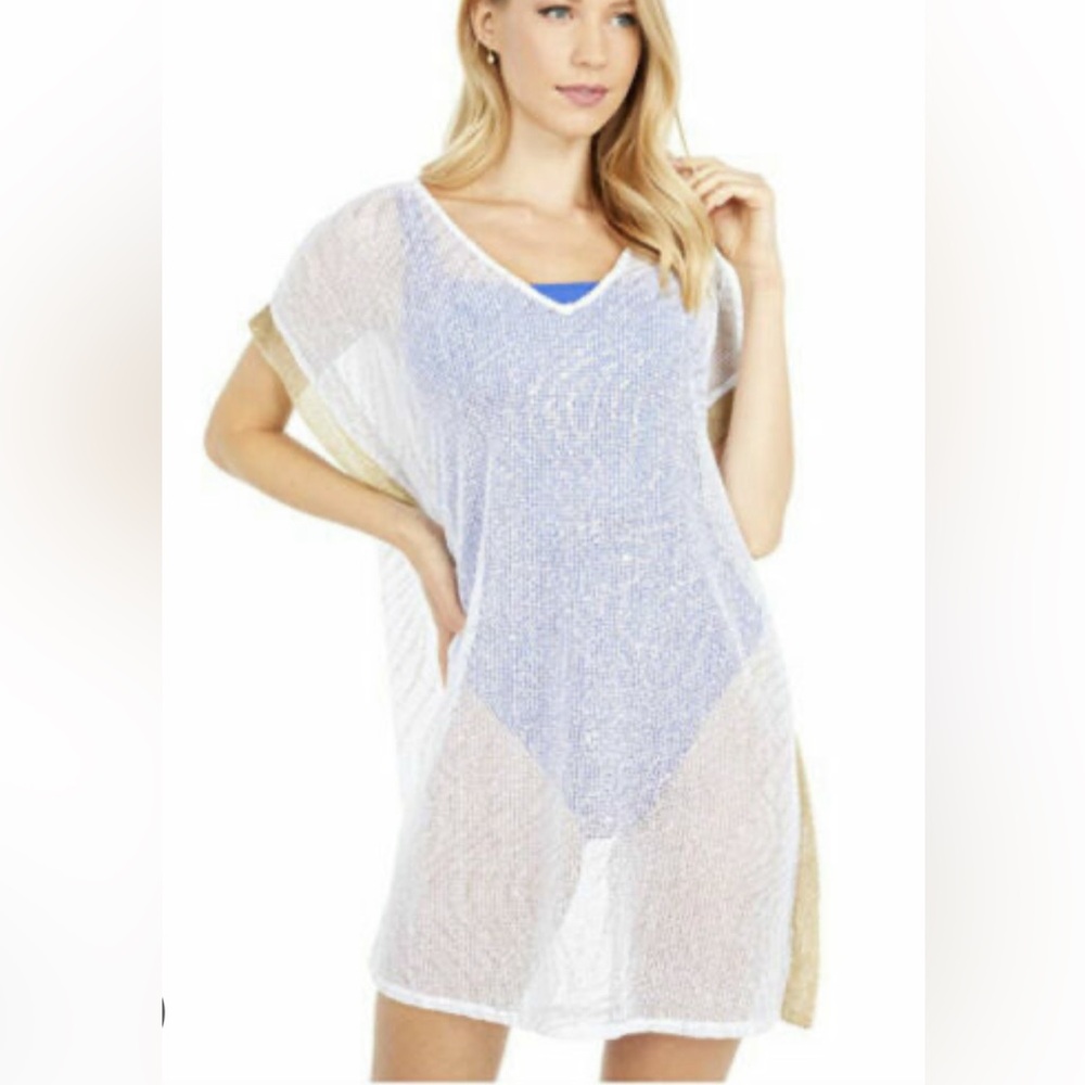 Lilly Pulitzer Sz L Elio Coverup White Mesh Metallic Gold Wave Foil Edge